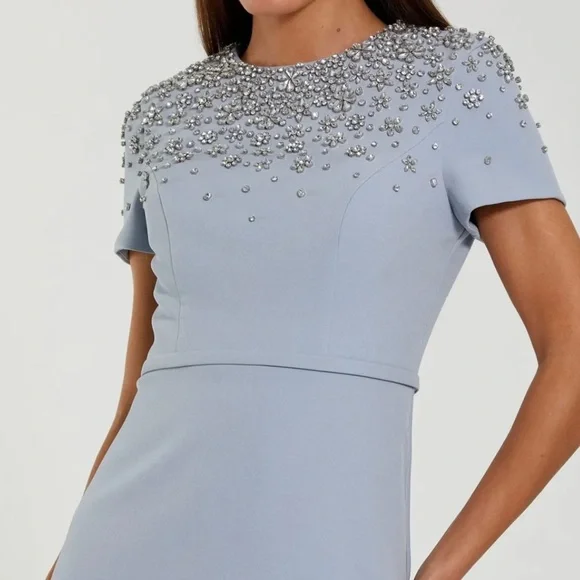 MAC DUGGAL Powder Blue High Neck Rhinestone Embellished Crepe Gown (Style 50038) - Picture 2 of 14